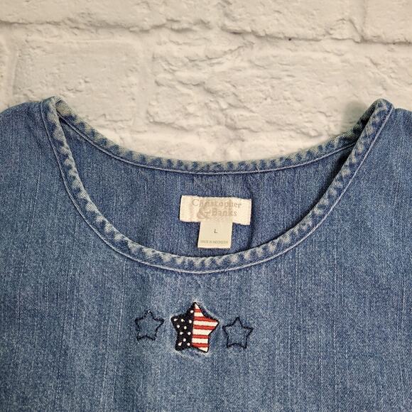 Americana Sleeveless Blue Embroidered Denim Top size Large Christopher & Banks - Picture 3 of 8